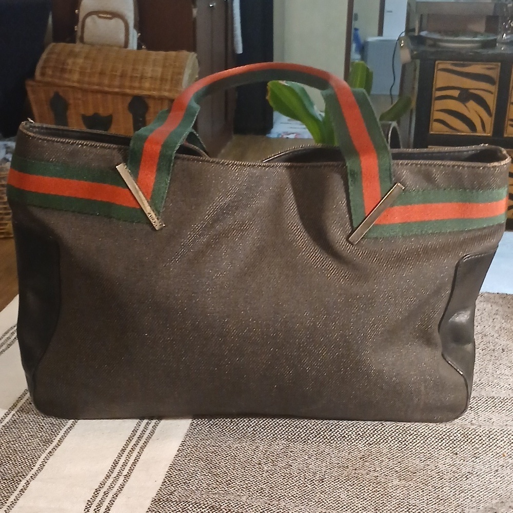Authenti Gucci Web Sherry Line Shoulder Tote Bag Dark Gray And Black Canvas - Picture 2 of 15